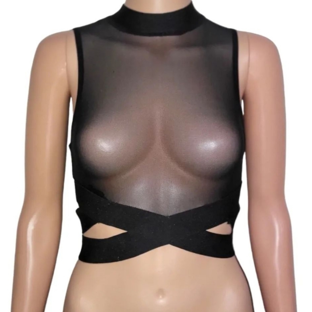 Black cutout sheer bodycon crop top